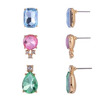 Emberly 3-Pair Gold Tone Simulated Gemstone Stud Earring Set