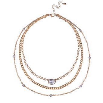 Emberly Gold Tone 3 Row Necklace with Simulated Gemstone Accents