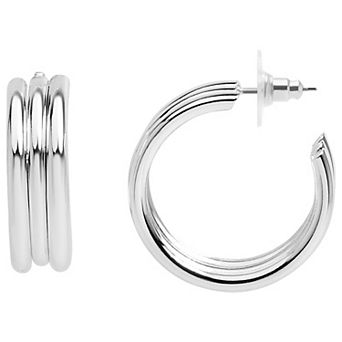 Emberly Silver Tone Ribbed J-Hoop Earrings