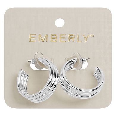 Emberly Silver Tone Ribbed J-Hoop Earrings