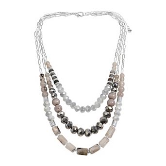 Emberly Silver Tone 3 Row Gray Simulated Stone Chain Bead Necklace