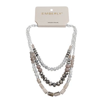 Emberly Silver Tone 3 Row Gray Simulated Stone Chain Bead Necklace