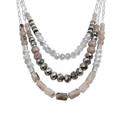 Emberly Silver Tone 3 Row Gray Simulated Stone Chain Bead Necklace