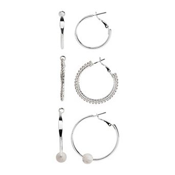 Emberly Silver Tone 3-Pair Gray Bead Hoop Earrings Set