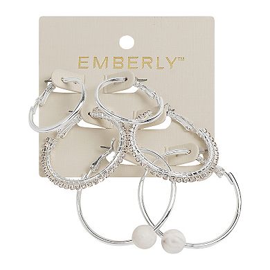 Emberly Silver Tone 3-Pair Gray Bead Hoop Earrings Set
