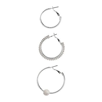 Emberly Silver Tone 3-Pair Gray Bead Hoop Earrings Set