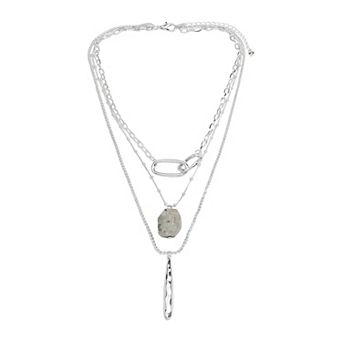 Emberly Silver Tone 3 Row Oval & Stick Necklace