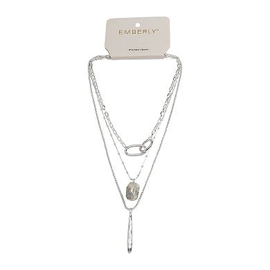 Emberly Silver Tone 3 Row Oval & Stick Necklace
