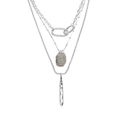 Emberly Silver Tone 3 Row Oval & Stick Necklace