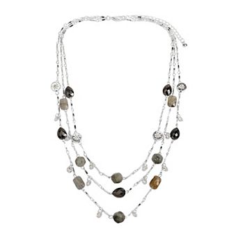 Emberly Silver Tone 3 Row Gray Simulated Stone Station Necklace