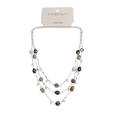 Emberly Silver Tone 3 Row Gray Simulated Stone Station Necklace