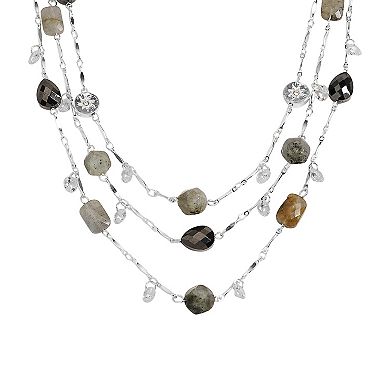 Emberly Silver Tone 3 Row Gray Simulated Stone Station Necklace
