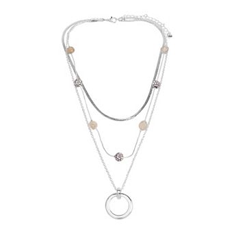 Emberly Silver Tone 3 Row Station Bead Pendant Necklace