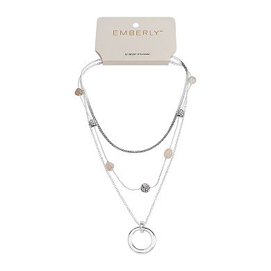 Emberly Silver Tone 3 Row Station Bead Pendant Necklace
