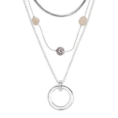 Emberly Silver Tone 3 Row Station Bead Pendant Necklace