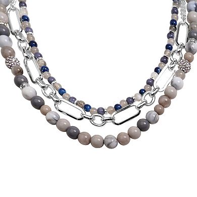Emberly Silver Tone 3 Row Multi Blue Simulated Stone Pave Necklace