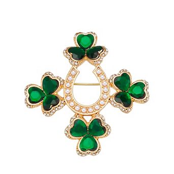 Napier Gold Tone Simulated Crystal Shamrock & Horseshoe Pin