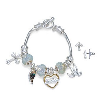 Napier Silver Tone Faith Charm Bracelet & Earring Set