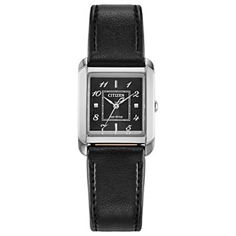 Citizen Womens Eco-Drive Bianca Stainless Square Black Leather Strap Watch - EW5600-01E
