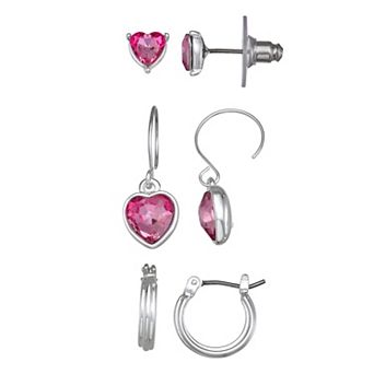 Napier Silver Tone 3-Pair Heart Stud & Dangle Earrings Set