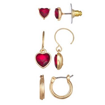 Napier Gold Tone 3-Pair Heart Stud & Dangle Earrings Set