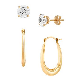 Everlasting Gold 10k Gold Oval Hoop & Cubic Zirconia Stud Earrings Set