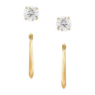 Everlasting Gold 10k Gold Oval Hoop & Cubic Zirconia Stud Earrings Set