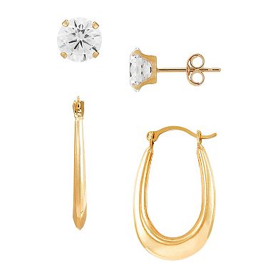 Everlasting Gold 10k Gold Oval Hoop & Cubic Zirconia Stud Earrings Set