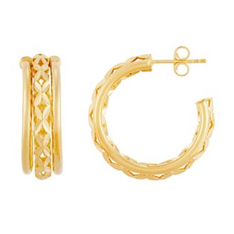 Everlasting Silver 24k Gold Plated Triple Row C-Hoop Earrings