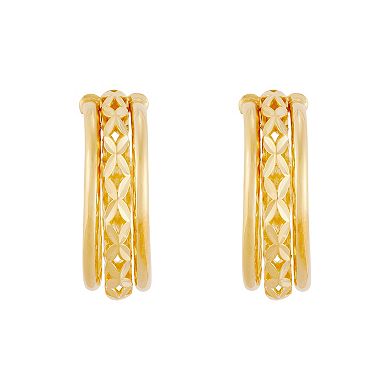 Everlasting Silver 24k Gold Plated Triple Row C-Hoop Earrings