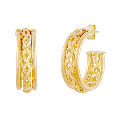 Everlasting Silver 24k Gold Plated Triple Row C-Hoop Earrings