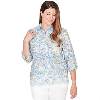Petite Alfred Dunner Embroidered Floral Border Button-Down Top