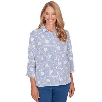 Petite Alfred Dunner Puff Print Pinstripe Embroidered Button-Down Top