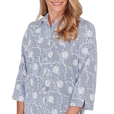 Petite Alfred Dunner Puff Print Pinstripe Embroidered Button-Down Top
