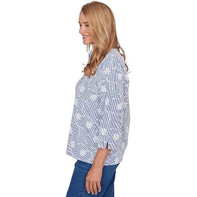 Petite Alfred Dunner Puff Print Pinstripe Embroidered Button-Down Top