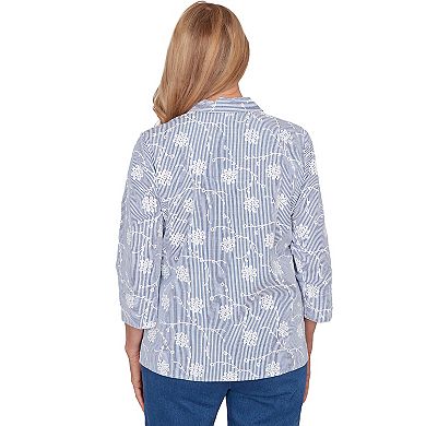 Petite Alfred Dunner Puff Print Pinstripe Embroidered Button-Down Top