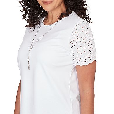 Petite Alfred Dunner Solid Eyelet Sleeve Tee with Necklace