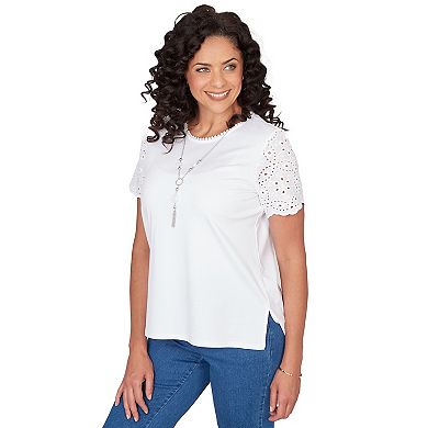 Petite Alfred Dunner Solid Eyelet Sleeve Tee with Necklace