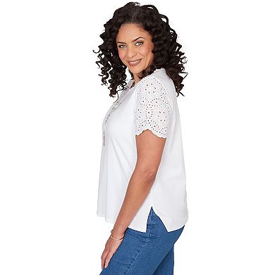 Petite Alfred Dunner Solid Eyelet Sleeve Tee with Necklace