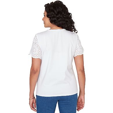 Petite Alfred Dunner Solid Eyelet Sleeve Tee with Necklace