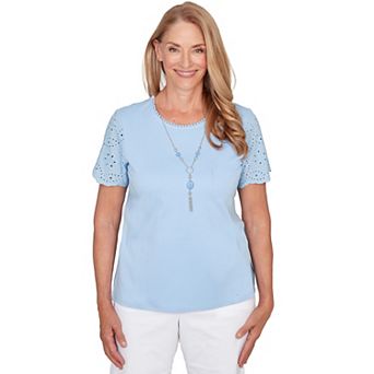Petite Alfred Dunner Solid Eyelet Sleeve Tee with Necklace