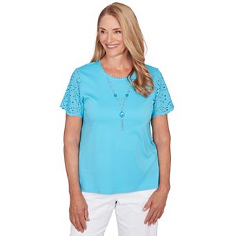 Petite Alfred Dunner Solid Eyelet Sleeve Tee with Necklace
