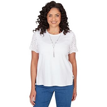 Petite Alfred Dunner Solid Eyelet Sleeve Tee with Necklace