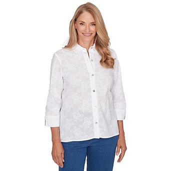 Petite Alfred Dunner Collared Flower Embroidered Button-Down Top