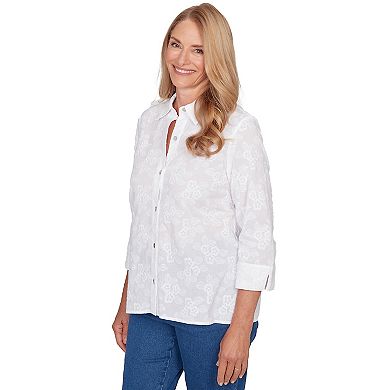 Petite Alfred Dunner Collared Flower Embroidered Button-Down Top