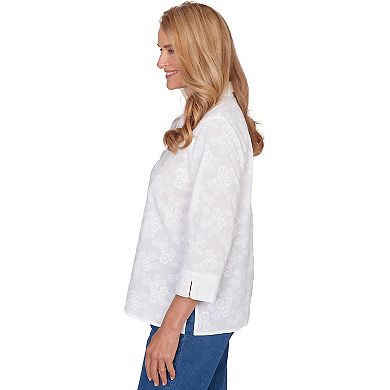 Petite Alfred Dunner Collared Flower Embroidered Button-Down Top