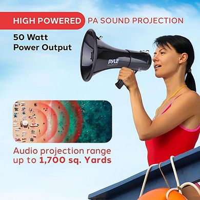 Pyle 50-Watt Megaphone with Siren Mode, AUX Input, and Handheld Microphone - PMP53IN