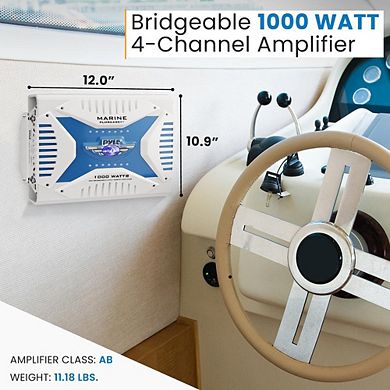 Pyle 4-Channel Elite Bluetooth Marine Amplifier - Waterproof Bridgeable Audio Amp - 1000W - Black