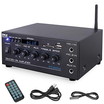 Pyle 25V/70V PA Amplifier, 40W, Mic/Audio Speaker Control, Bluetooth/USB/SD/FM, Mic Inputs