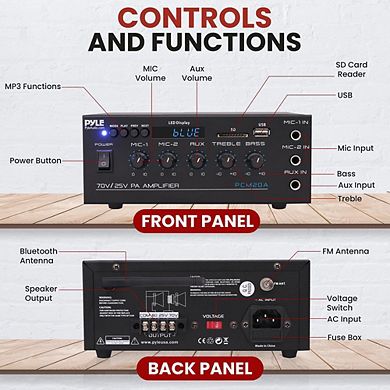 Pyle 25V/70V PA Amplifier, 40W, Mic/Audio Speaker Control, Bluetooth/USB/SD/FM, Mic Inputs